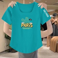 Chubby Meiyi Top Short-Sleeved T-Shirt Printed Medium Large Size M-3XL Square Neck Shoulder Chic Ver