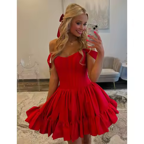 MVOZEIN Red Homecoming Dresses Satin Off the Shoulder Short Prom Party Dress Above Knee Mini Graduat