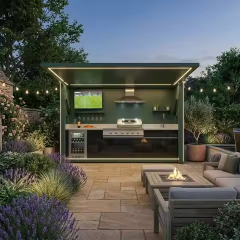 Commercial SS304 Outdoor Kitchen BBQ Pod Cool To The Touch BBQ Island with Shed for Resort Catering 