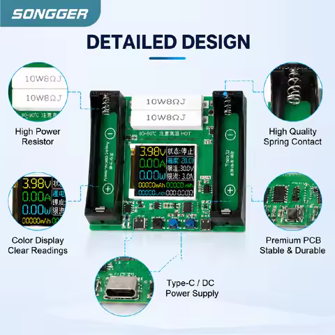 18650 Battery Capacity Internal Resistance Tester DC5V Type C DC Input Auto Charge Discharge Analyze