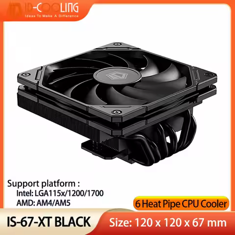 ID-COOLING IS-67-XT Black CPU Cooler Low Profile 67mm Height CPU Air Cooler 6 Heatpipes 120x120x15mm