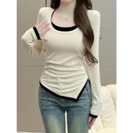 Beige Long Sleeve Plus Size Korean Style Women's Baju T-Shirt