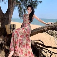 台灣現貨夏季沙灘邊甜美雪紡碎花腰帶大露背裙洋裝  露天市集  全台最大的網路購物市集