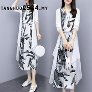 JS Women's Clothing Medium - long print dress art cotton linen two - piece match Plus Size Dress Lab