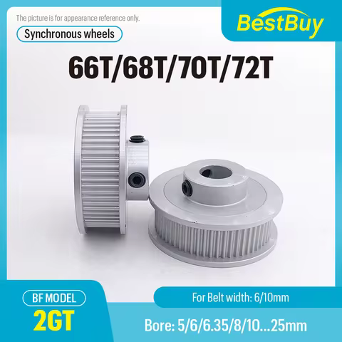 GT2 Timing Belt Pulley 2GT for 3D Printer 66T 68T 70T 72 Teeth Bore 5/6/6.35-25mm Belt Width 6/10mm 