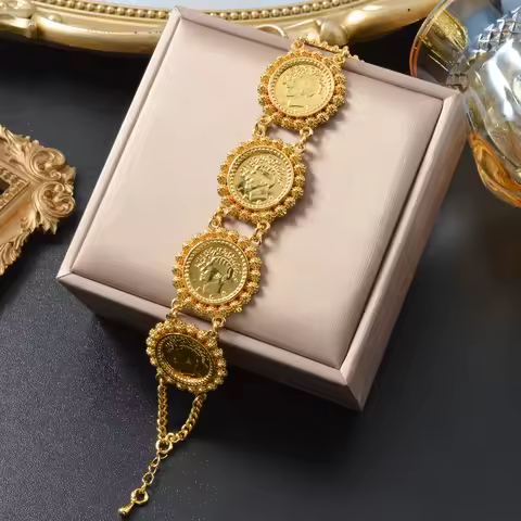 Vintage Turkish Coin Chain Bracelet for Women 21K Gold Plated Arabic Dirham Bangle Dubai Middle East