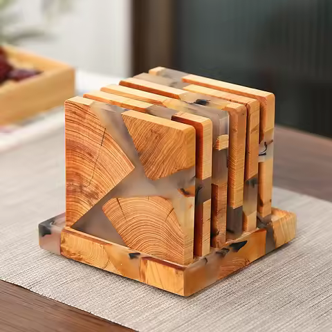 Wood Resin Coasters with Holder Set Coffee Coasters Unique Drink Coasters for Coffee Table Home Deco