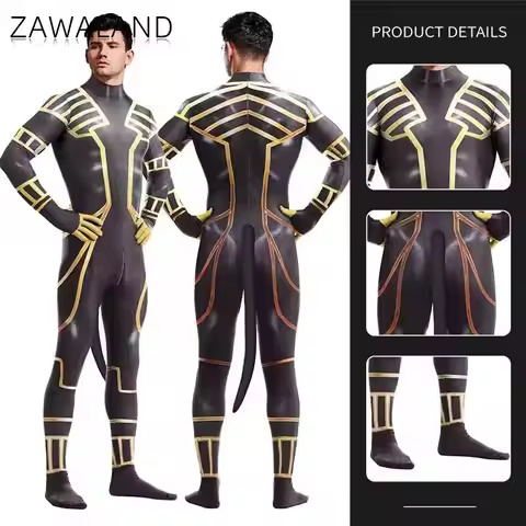 Zawaland Anubis Petsuit Men Cosplay Costume with Tail Carnival Purim Zentai Suit Crotch Zipper Jumps