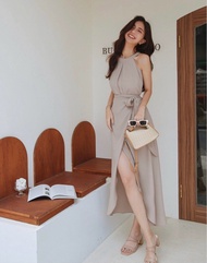 Air space  削肩抓褶背心綁帶開衩長裙套裝