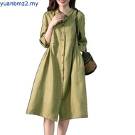 LAHSTORE straight linen dress with rolled-up sleeves and flared waist DS30 (Green)