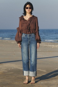 TBY Jeans กางเกงยีนส์ผู้หญิง ผ้ายืดผู้หญิง ขากระบอกเอวสูง แบะตะเข็บข้าง มุมกระเป๋าหลังขวาปักY (T3203