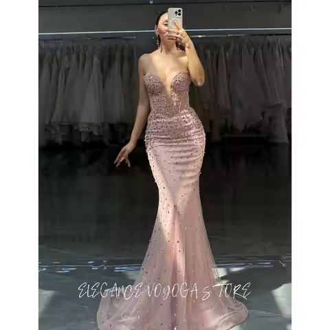 EVS Customized Pink Mermaid Rhinestones Prom Dress Beading Sweetheart Neck vestidos de noche Luxury 