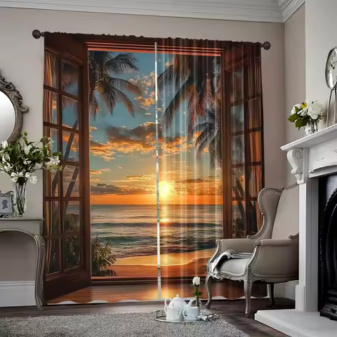 2pcs, 2D flat printing Drapes Sunset Beach View Window Image Protecting Privacy Family Party Decorat