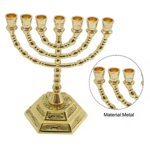 7 Branch Menorah Candle Holder Jerusalem Temple 12 Tribes of Israel Menorah with Aaron Rod Manna Ves