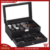 Watch Box, Mens Jewelry Box with 6 Slot Watch Case & 3 Slot Sunglasses Organizer, 2 Layers Lockable 