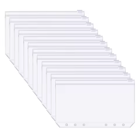 12Pcs A6 Binder Pockets Transparent PVC 6-Hole Binder Pockets Zip Folder Plastic Money Budget Envelo