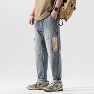 日系潮牌拼接工裝褲男老爹寬鬆小直腳哈倫褲水洗復古大口袋牛仔褲