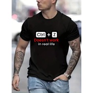 Men Nerd Tech Graphic Tee, Ctrl+Z Shortcut Key Funny Quote Text Print Crew Neck Black Loose Unisex S