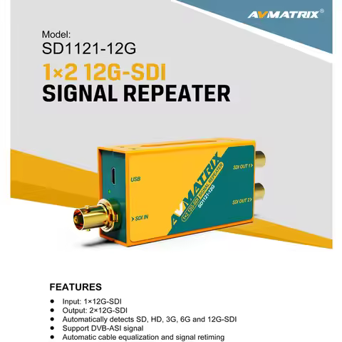 AVMATRIX SD1121-12G 1 in 2 out SDI Repeater HD, 3G, 6G 4K Signal Distributor SDI Video Splitter Swit