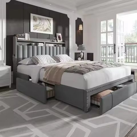 Queen Bed Frame with 3 Drawers Upholstered Beds Frame with Headboard Queen Size Bed Frame Queen Bed 