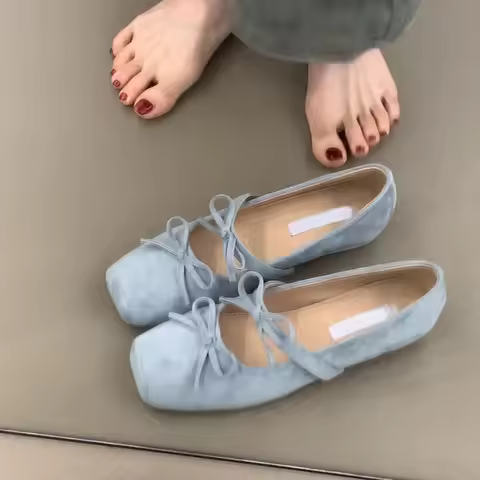 Shallow mouth single shoes 2026 square bow ballet shoes gentle French style inward height Mary Jane