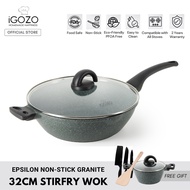 iGOZO Epsilon Non Stick Granite Stir-fry Wok Casserole Pot Cookware Set Kuali Batu Granite Original (20cm Pot+32cm Wok)