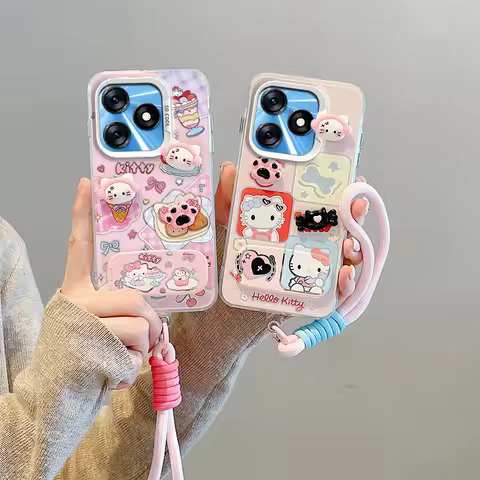 3D Sanrio Kitty Bear Cartoon Mirror Holder Phone Case For Tecno Spark 20 10C 10 GO 1 2023 2024 2025 