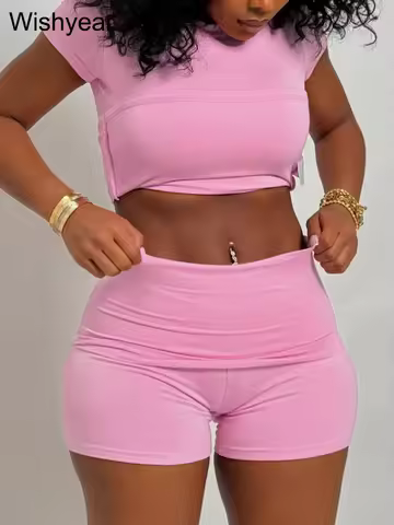 Fashion Solid 2 Pieces Women‘s Sets Sportswear O-Neck Short Sleeve Crop Tops and Shorts Leggings Sum