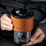 网红杯Glass Straw Cup Pyrex Glass Straw Cup Portable Cup Cold Coffee Cup with Lid Beverage Tea Cup Juic