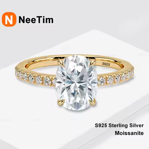 NeeTim 1ct-8ct Oval Cut Moissanite Rings for Women Sparkling Full Moissanite S925 Sterling Silver wi