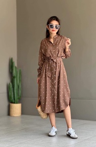 Casual  Church  Long Sleeve polka dots Dress with Belt