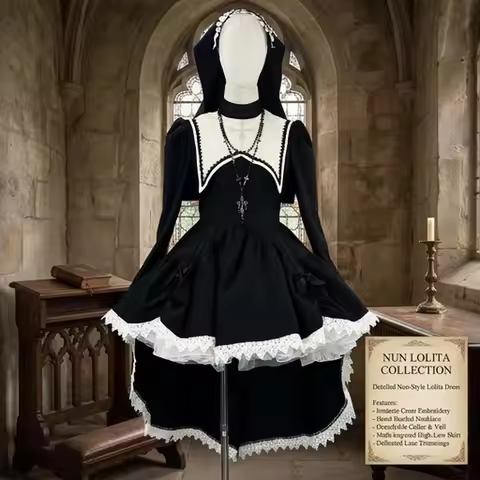 Dark Gothic Embroidered Cross Nun Costume Halloween Cosplay Dress, Punk Alt Sweet Lolita Performance