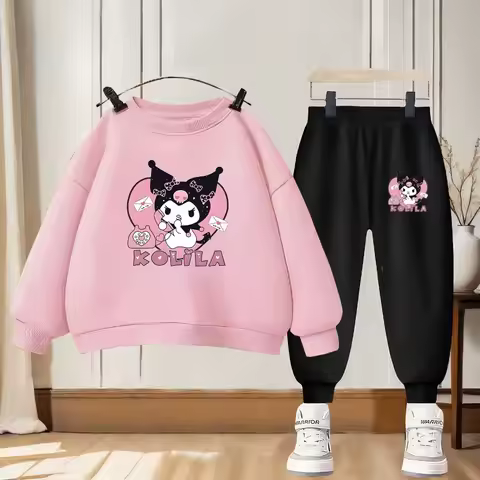SANRIO Kuromi Printed Girls Fashion Sweatshirt Sets Kids Casual Pullover and Trousers 2pcs Suit Chil