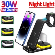 30W 3 In 1 Wireless Charger Stand Pad with Light For iPhone 14 13 12 X Apple Watch Airpods pro Phone Fast Charging Dock Station