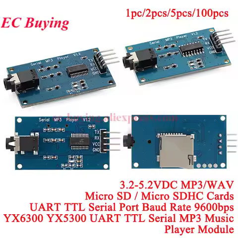 1-10Pc YX6300 YX5300 UART TTL Control Serial Module MP3 WAV Music Player Playback Board For Arduino/