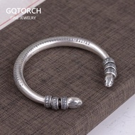 990 Sterling Silver Tibetan Six Words Mantra Bangle for Men and Women Buddhist Heart Sutra Cuff Bracelet Good Luck Jewelry