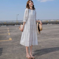 Jodie 2022 French Romantic White Dress Lace Hollow Gentle Loose Mid-Length Korean Dress All-Match Wo