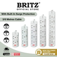 BRITZ 3/6 Metres Extension Socket Cord , Surge Protection , Safety Mark, 2 Pin Friendly, 2 / 3 / 4 / 5 / 6 Way