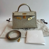 愛馬仕Mini Kelly  二代珍珠灰金扣 鴕鳥皮 U刻