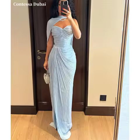 Contessa Custom Blue One Shoulder Evening Dress Cape Pleated Prom Dresses Chiffon Vestidos De Noche 