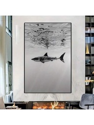 黑白鯊魚畫布油畫 - 鯊魚在水中藝術海報壁畫 - 黑白動物海報印刷掛畫 - 1入組客廳,臥室牆壁裝飾家飾品,不含畫框