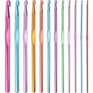 QJH Aluminium Crochet Hooks 12pcs Set 12 sizes (2mm to 8mm) Easy Grip Colored Metal 15cm Long Croche