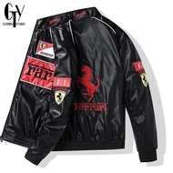 Ferrari F1 Racing Leather BomberJacket For Men Embroidery Retro Motorcycle Varsity Jacket Unisex