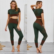 ไม่มีรอยต่อลาย Hole Yogaings โรงยิม 2 PCs ชุดเสื้อกีฬา T เสื้อผู้หญิง Squat ไนลอนกันน้ำ Leggings กาง