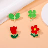 Cute Plant Small Red Flower Badge Four-leaf Clover Green Leaves Red Plum Alloy Oil Drip Brooch 4.13