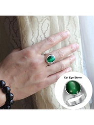 1入復古男士不羈不撓的不鏽鋼戒指,橢圓形綠色貓眼石裝飾商務時尚手飾