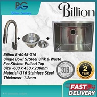 [Free Kitchen Pullout Tap]Billion B-6045-316 Single Bowl S/Steel 316 Kitchen Sink & Waste [600 x 450