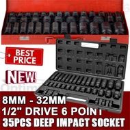 35PCS 1/2 Inch Deep Impact Socket Set 8mm-32mm Heavy Duty Pneumatic Wrench Socket Wrench Set Tool Co