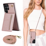 Crossbody Wallet Leather Card Holder Zipper For Samsung Galaxy S24 Ultra S23 S22 Ultra S21 FE S22+ Plus Note 20 Ultra S21 Case Purse Kickstand Detachable Shoulder Strap Lanyard Square Corners Case Protective Cover