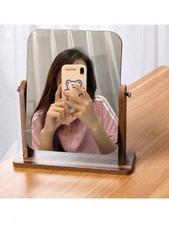1只木製桌面化妝鏡,可360度旋轉,單面化妝鏡,適用於學生,方便攜帶的宿舍桌面鏡